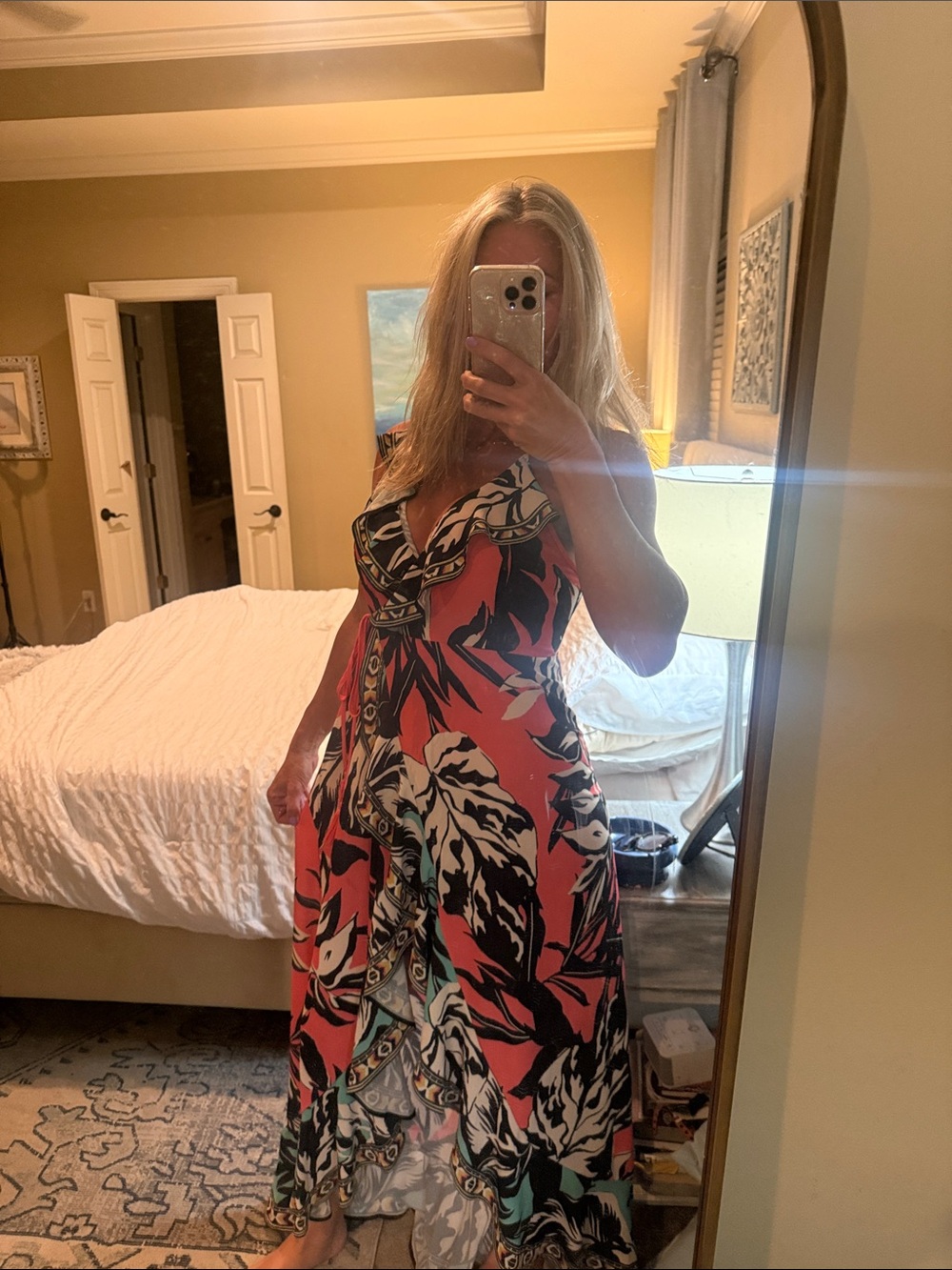 Tropical Print Coral Maxi Dress - Lightweight Vacation Style